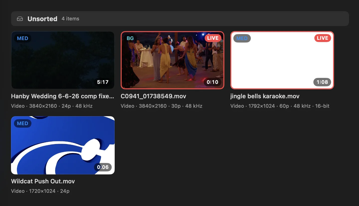 Close-up of the media board: clip tiles with format details, two clips live with red outlines.