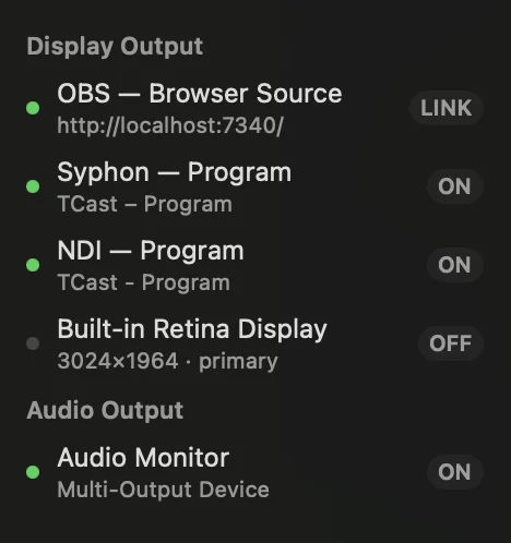 The output sidebar: OBS browser source linked, Syphon and NDI on, a display output, and the audio monitor.