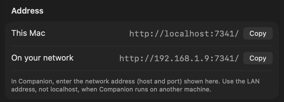 The Address rows with This Mac and On your network URLs and their Copy buttons