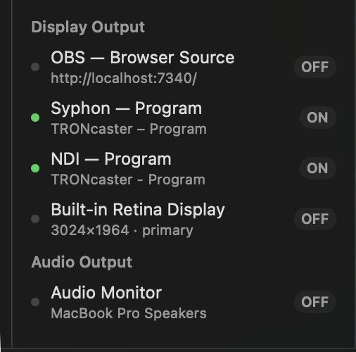 The sidebar's Display Output group with the OBS — Browser Source row