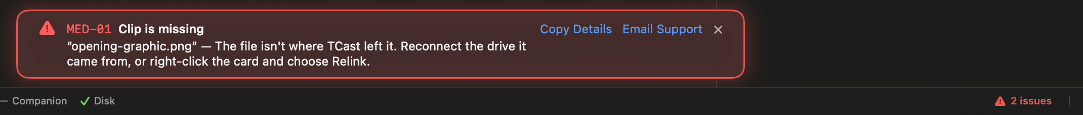 An error banner above the status bar, with the issue count at the right-hand end of the bottom bar