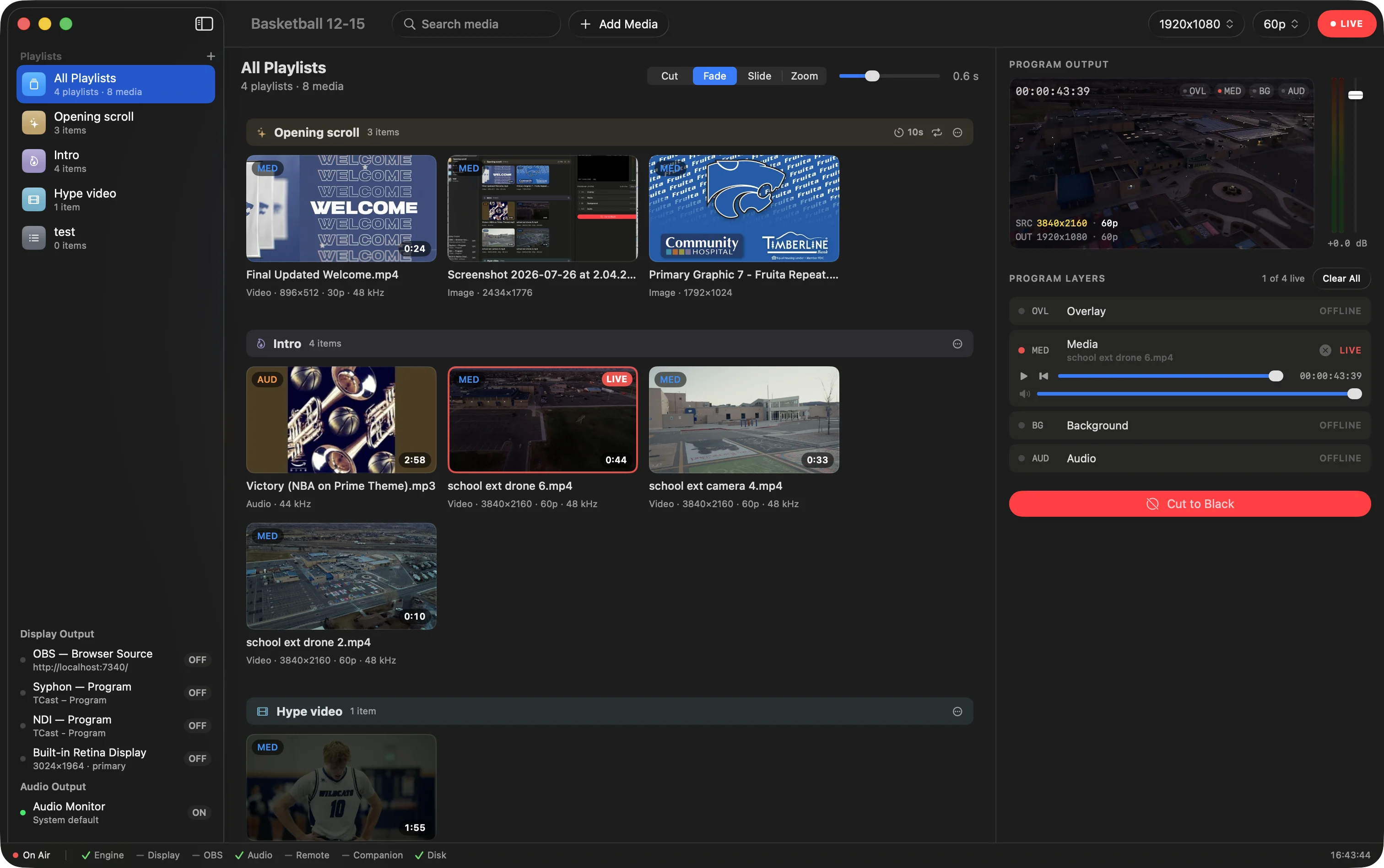The TCast window with a project open, clips on the board, and one clip live