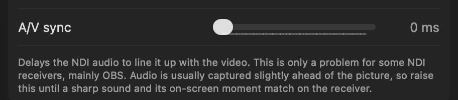 The A/V sync slider in the NDI Output settings