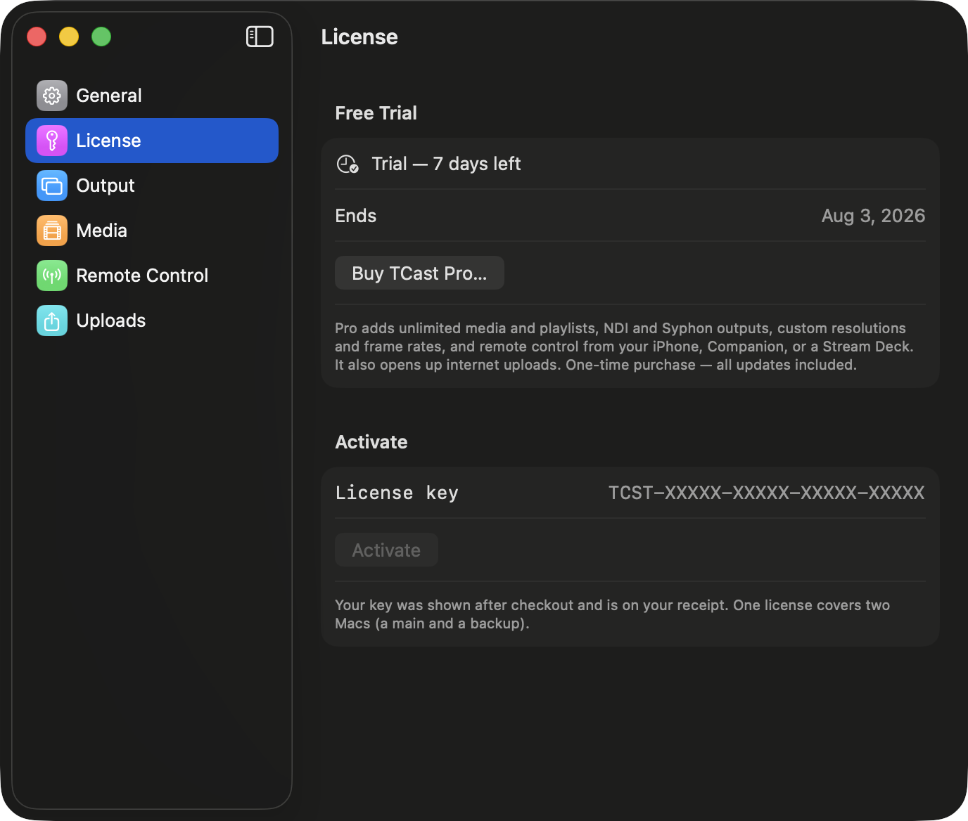 Settings ▸ License, mid-trial