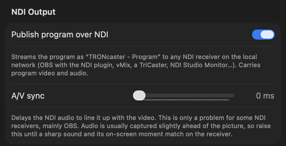 Settings ▸ Output ▸ NDI Output, with Publish program over NDI switched on