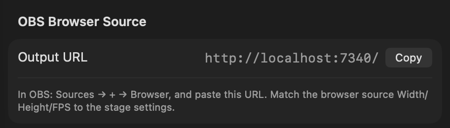 Settings ▸ Output ▸ OBS Browser Source, with the Output URL and its Copy button