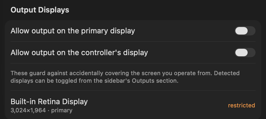 Settings ▸ Output ▸ Output Displays, with the two allow toggles and the detected-display list