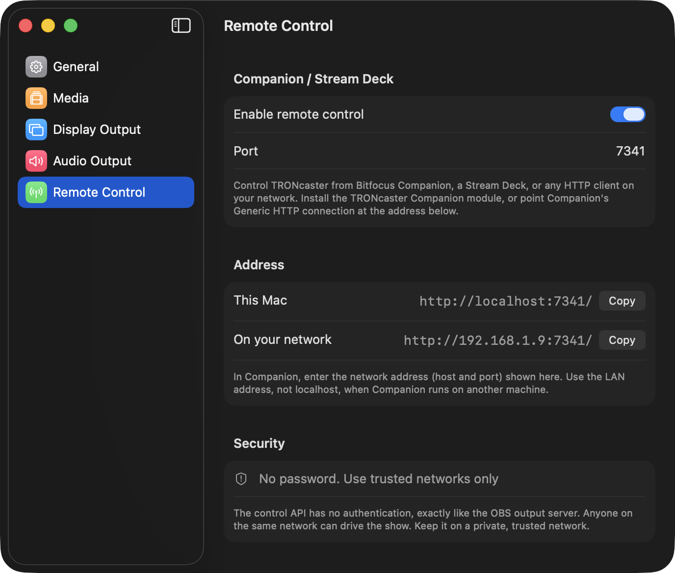 Settings ▸ Remote Control, with Allow Wi-Fi connections, the port, and the addresses