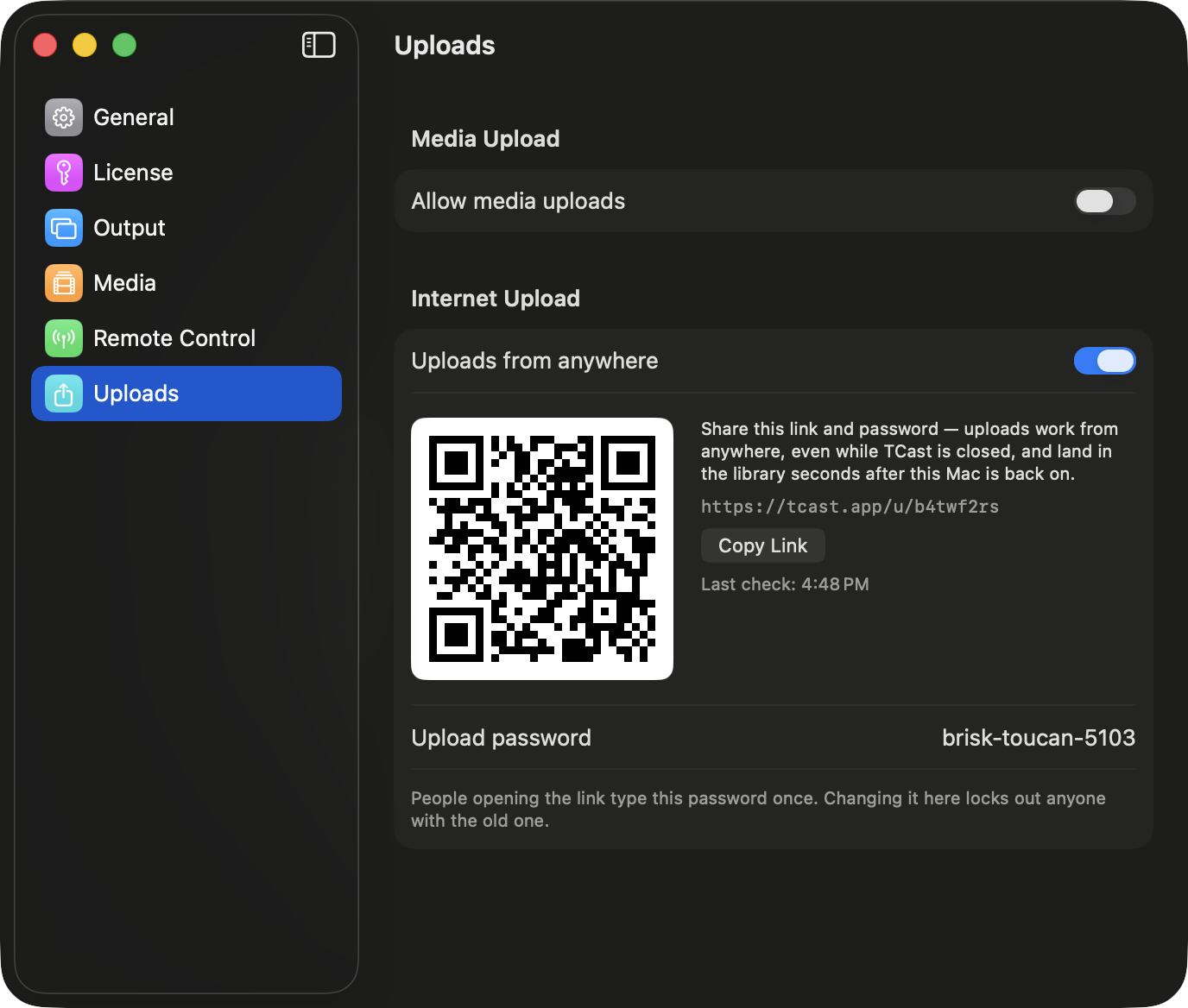 Settings ▸ Uploads ▸ Internet Upload