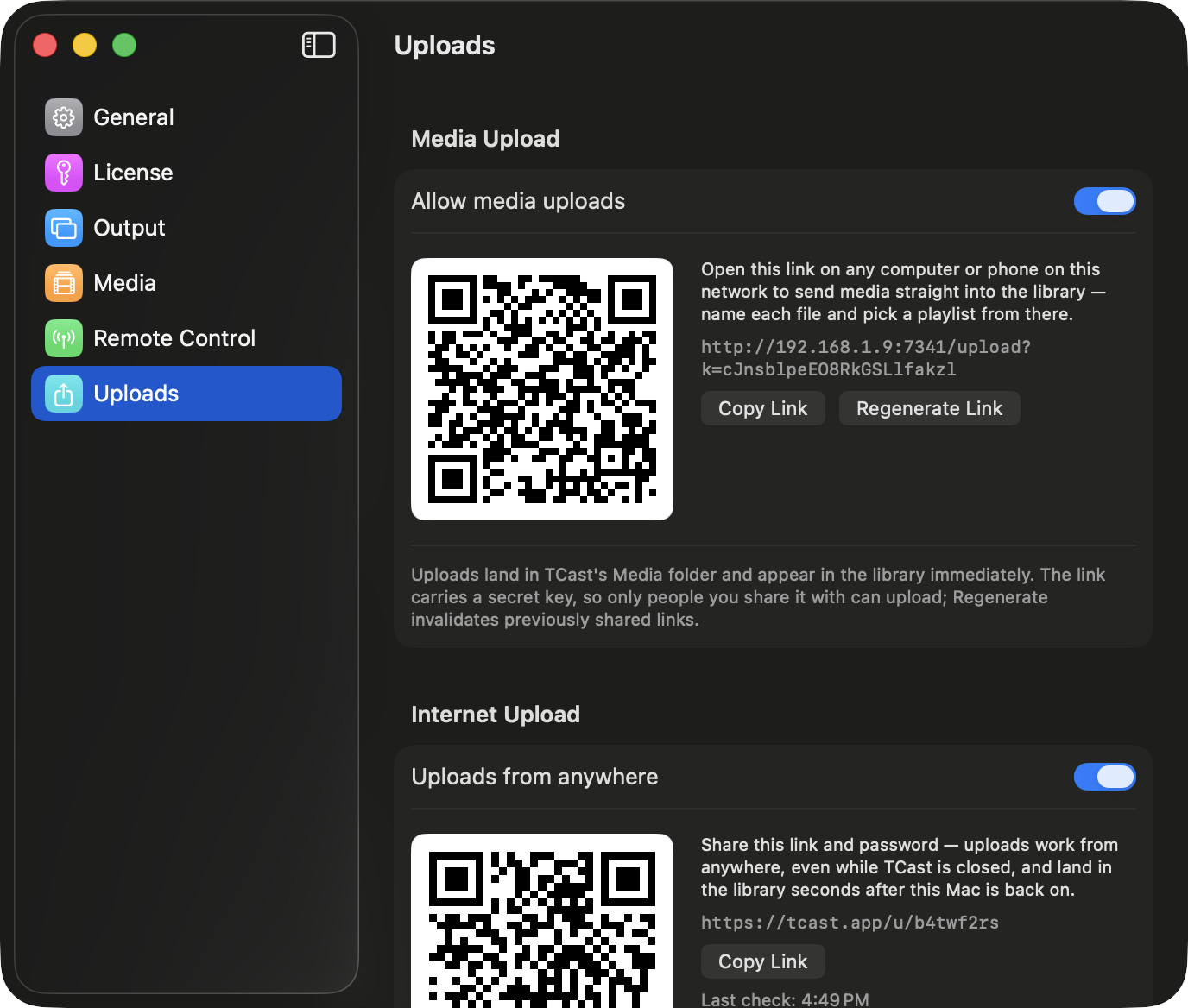 Settings ▸ Uploads ▸ Media Upload, with the QR code and Copy Link