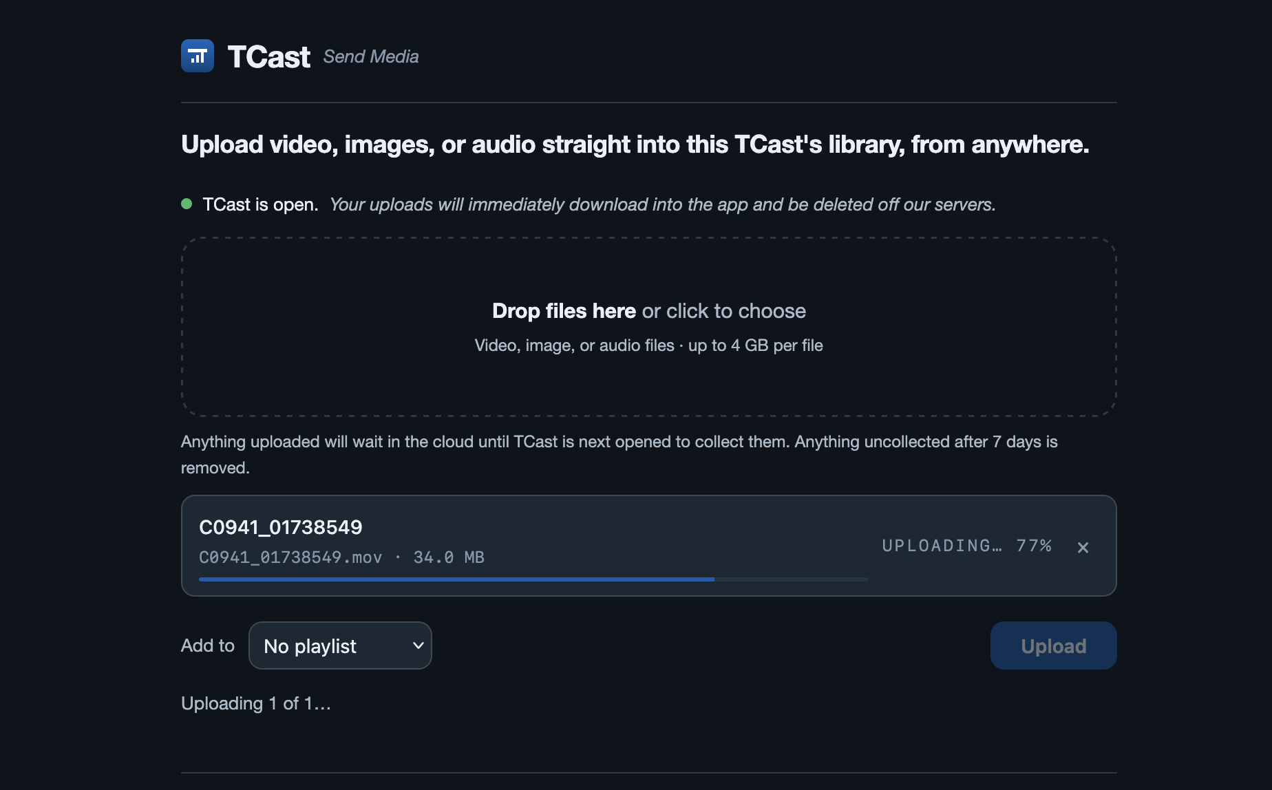 The upload page in a browser